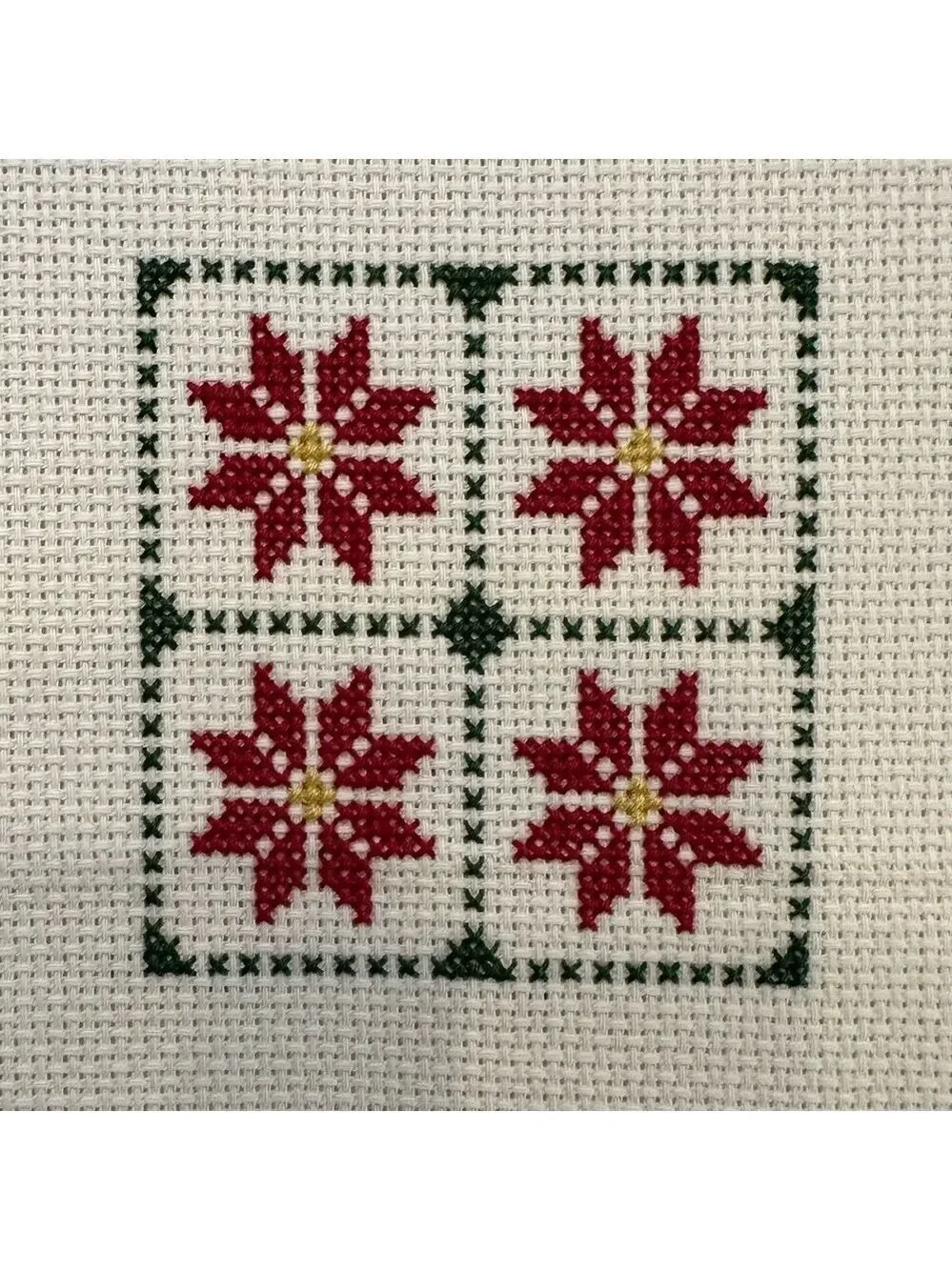 Poinsettias in a windowframe design Completed Vtg Crosstitch needlework panel